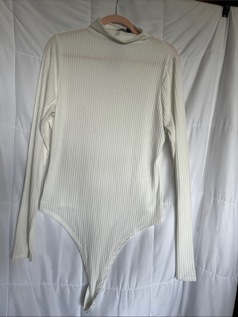 NWT Boohoo Ivory Ribbed Knit 14 Funnel Neck Long Sleeve Bodysuit